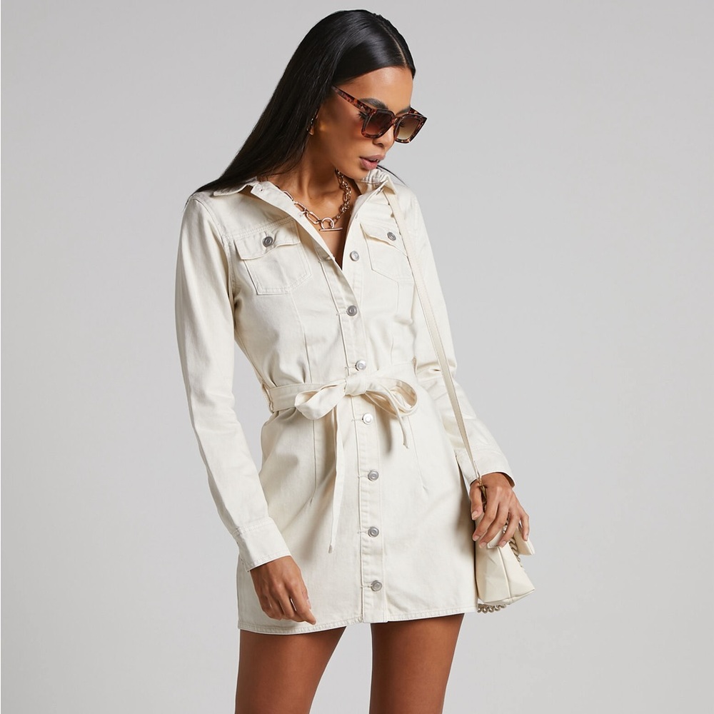Showpo Cream Button-Front Mini Shirt Dress